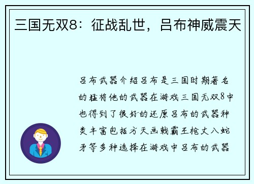 三国无双8：征战乱世，吕布神威震天