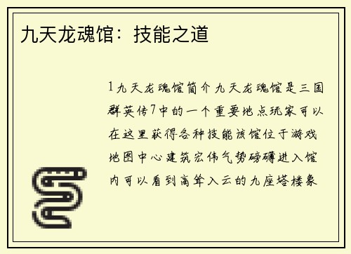 九天龙魂馆：技能之道