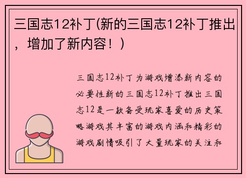 三国志12补丁(新的三国志12补丁推出，增加了新内容！)